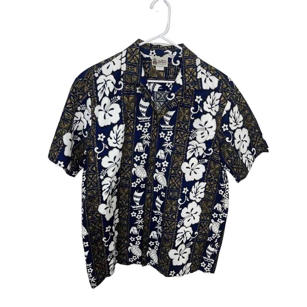 ALOHA REPUBLIC Men's Size Large Vintage Hawaiian Shirt Blue Turtle Print